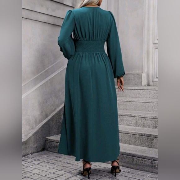NEW Chic Ruched Waist Lantern Sleeve Maxi Dress PLUS Dusty Teal Blue Green - Picture 5 of 9